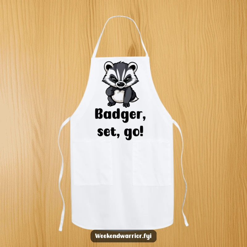 Funny apron showcasing a focused cartoon badger ready to cook, symbolizing determination and a passion for delicious creations.