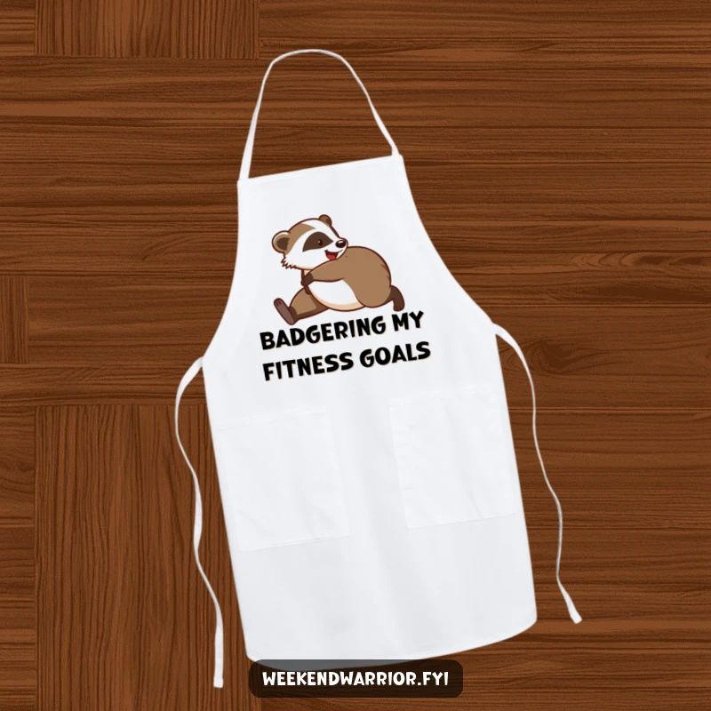 Funny apron featuring a playful badger stretching like a chef preparing for a busy kitchen, ready for morning tasks.