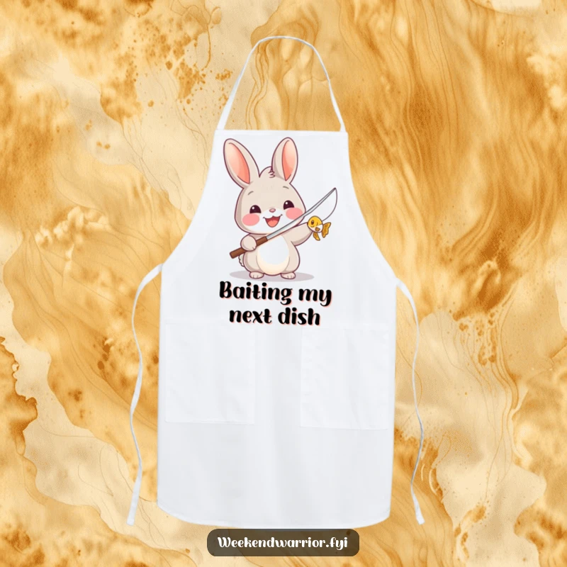 Funny apron showing a smiling rabbit triumphantly holding a fishing rod with a tiny fish, ready to cook up a storm.