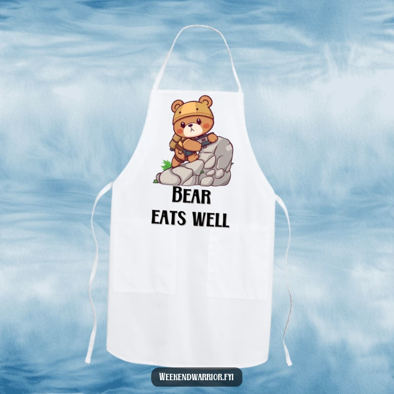 Funny bear apron depicting a determined bear in combat gear climbing a rock face, ideal for chefs who embrace kitchen challenges humorously.