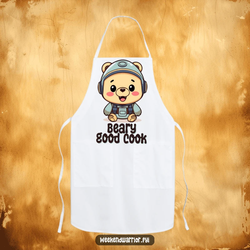 Funny apron depicting a cheerful bear wearing a helmet, looking ready for culinary adventures in the kitchen.