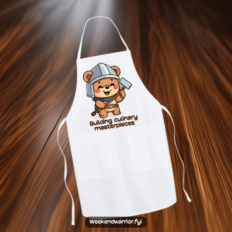 Funny apron featuring a happy bear wearing a helmet and holding a hammer, ideal for cooking and DIY projects.