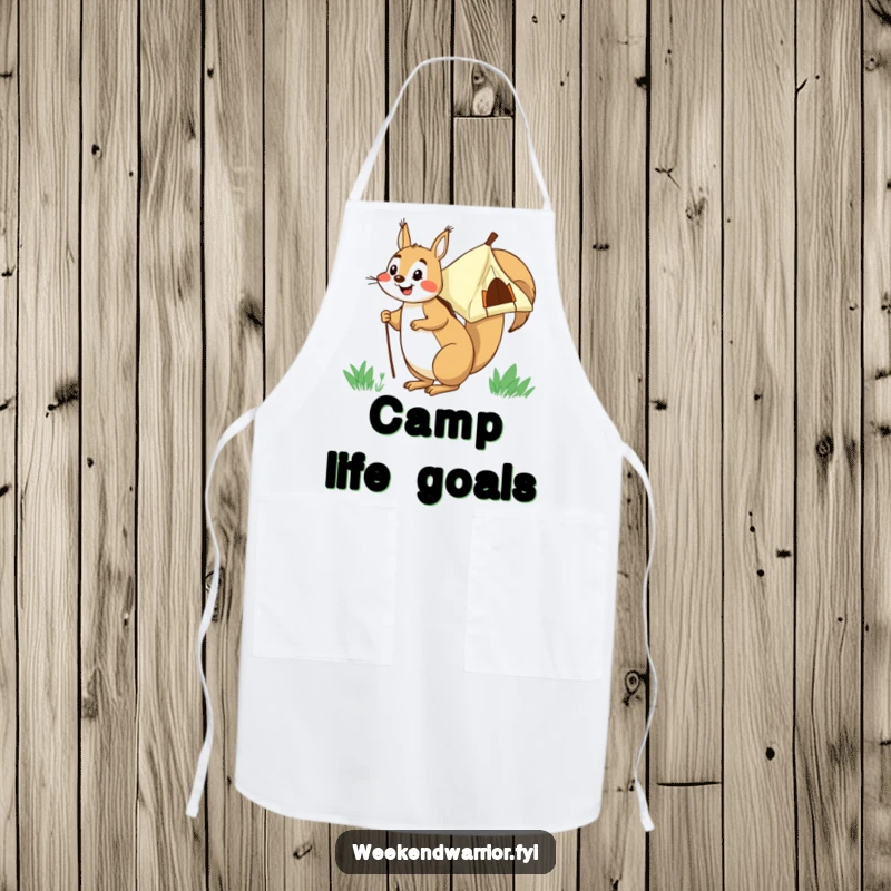 Funny squirrel carrying its tent on its back, a humorous apron for cooking outdoors or in.