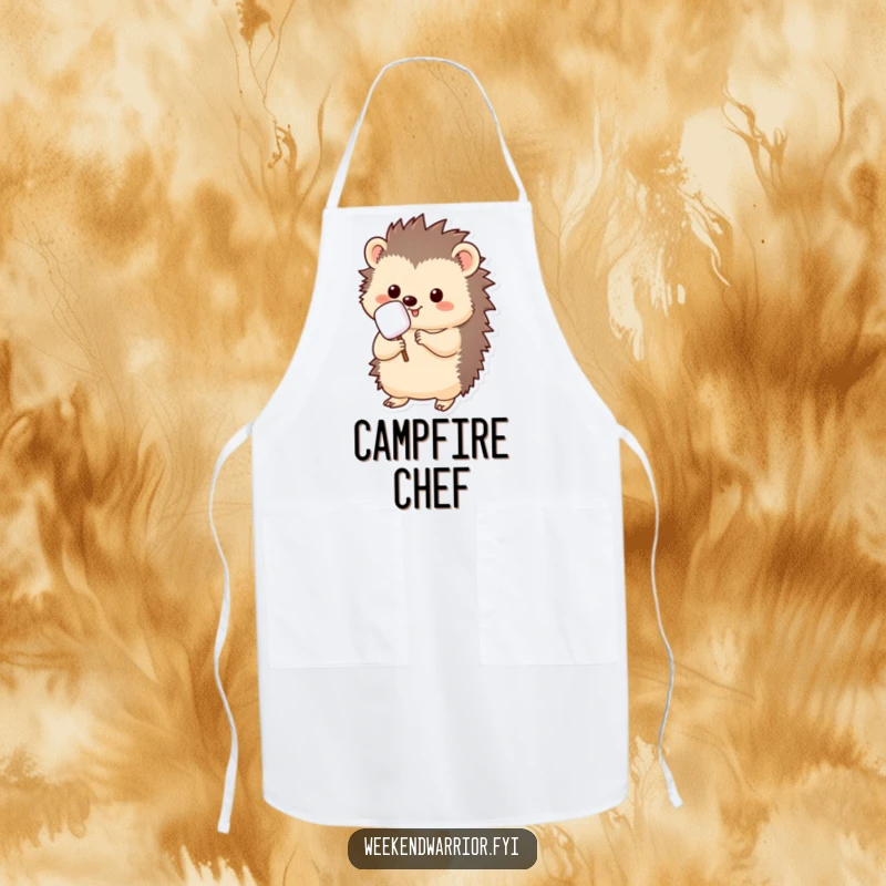 Funny kawaii hedgehog apron, holding a marshmallow on a stick, ready to roast, kitchen-themed and amusing.