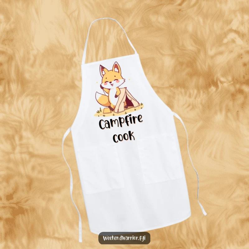 Funny Kawaii Fox Tent Apron: A cartoon fox happily plants a small tent with a cheerful stride, ready for outdoor culinary adventures.