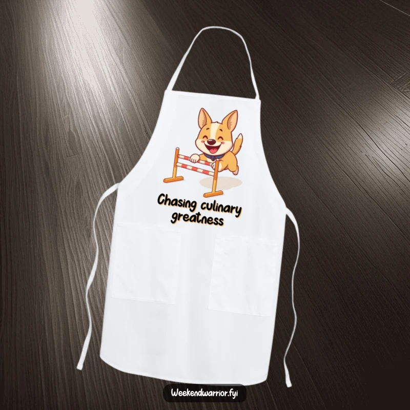 Funny apron: A smiling dog energetically navigating a small obstacle course, perfect for kitchen adventures.