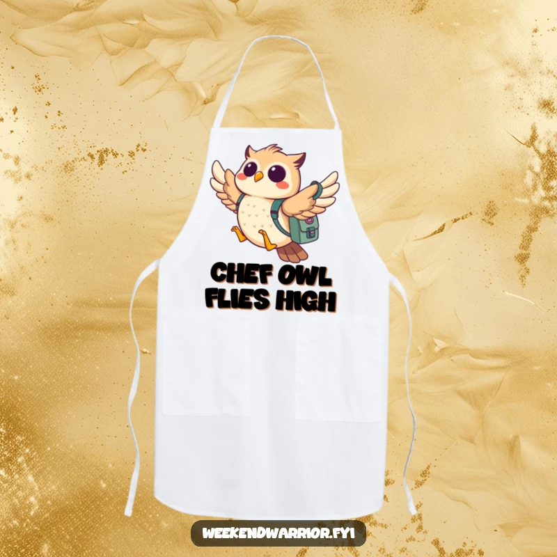 Funny owl apron depicting a cheerful owl flying with a backpack, ready for kitchen adventures and culinary journeys.