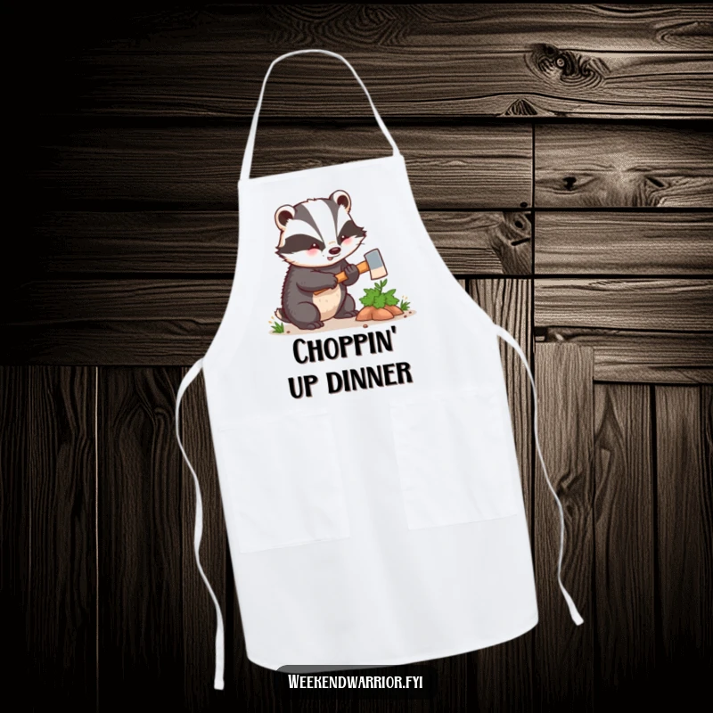 Funny kawaii badger enthusiastically hacking a small bush with a tiny axe, printed on a durable apron. Perfect for messy kitchen adventures.