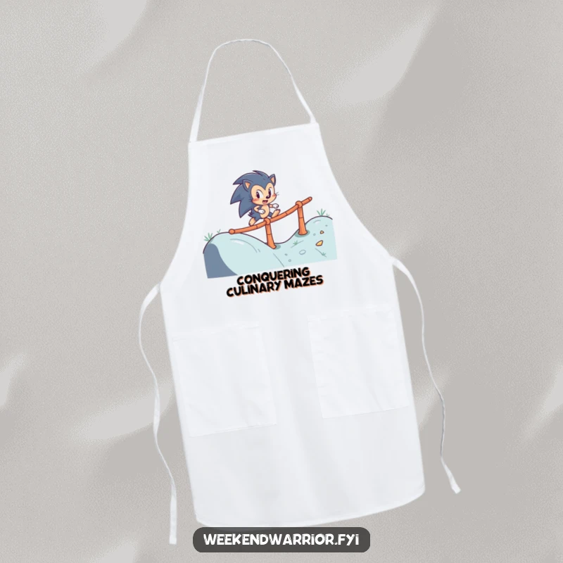Funny apron featuring a determined hedgehog character skillfully navigating a winding obstacle course, ideal for kitchen protection.