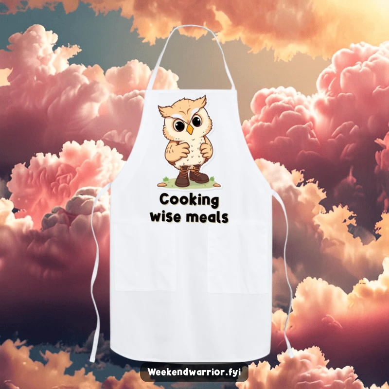 Funny apron featuring a curious owl character adjusting hiking boots, perfect for inspiring culinary adventures and outdoor planning.