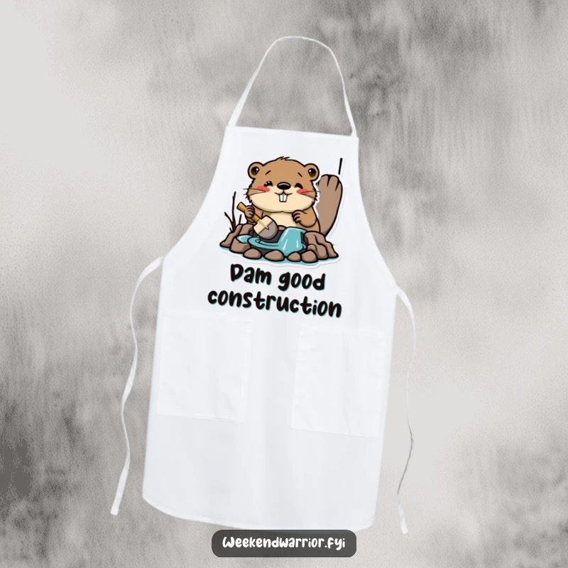 Funny apron featuring an amused beaver building a dam with a tiny shovel, bringing humorous industriousness to the kitchen.