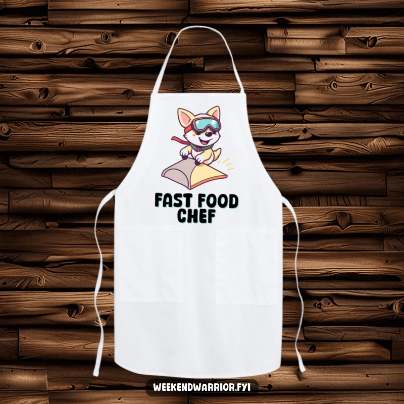 Funny apron of a smiling dog wearing goggles, zipping down a small ramp, perfect for a playful kitchen.