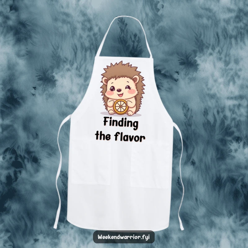 Funny apron depicting a happy hedgehog using a makeshift compass, ideal for kitchen protection with a whimsical and resourceful theme.