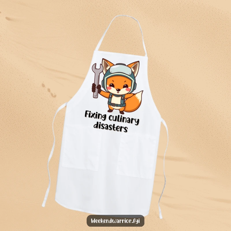 Funny Determined Fox Mechanic Apron, a fox in a helmet raising a tiny wrench, a humorous and protective garment.