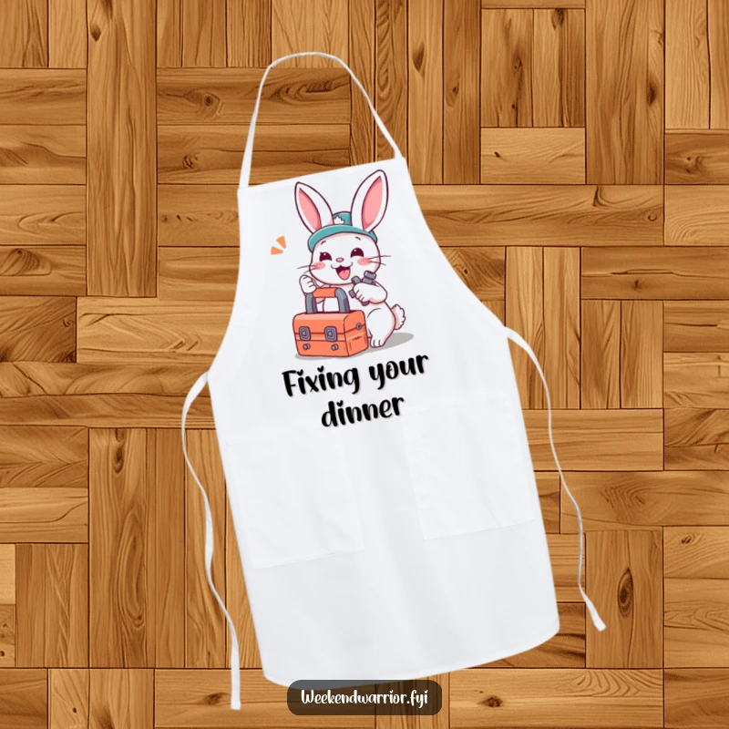 Funny apron: A playful rabbit with a toolbox ready to fix things, perfect for kitchen or garage adventures.