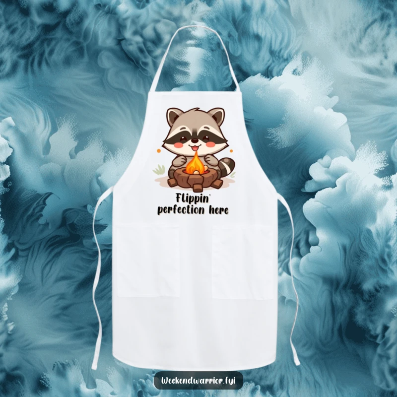 Funny Kawaii Raccoon Apron showing a joyful grilling character, perfect for kitchen fun with culinary humor. Great funny gift.