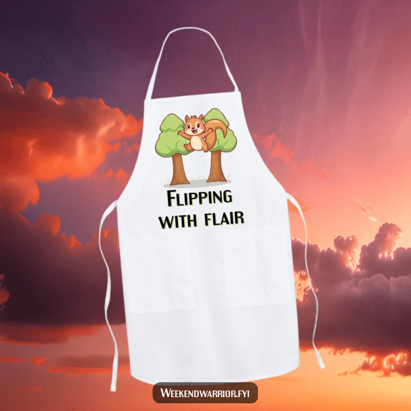 Funny joyful squirrel leaping between trees while wearing a chef hat and apron humorously.