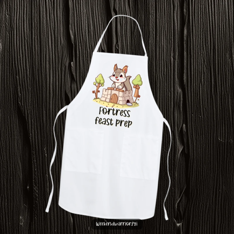 Funny Builder Squirrel Apron with a determined squirrel building an elaborate fort, ideal for kitchen protection and humor.