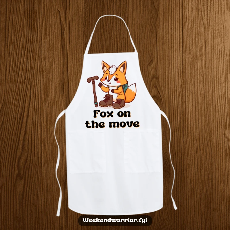 Funny, playful fox with hiking boots and a walking stick on an apron for culinary fun.