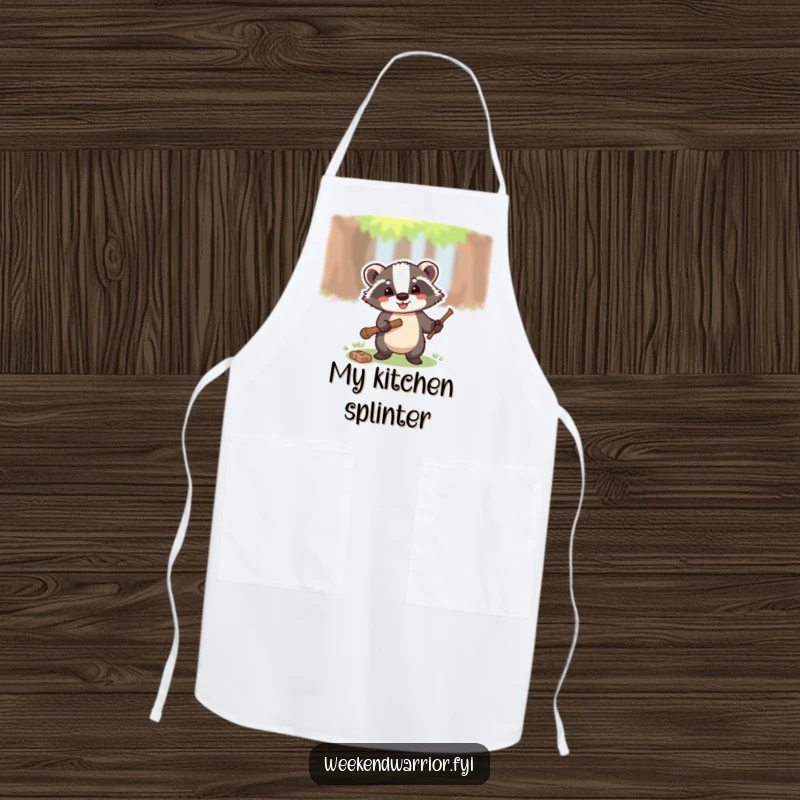 Funny apron illustrating a happy badger wielding a small axe, prepared to chop a twig while cooking.
