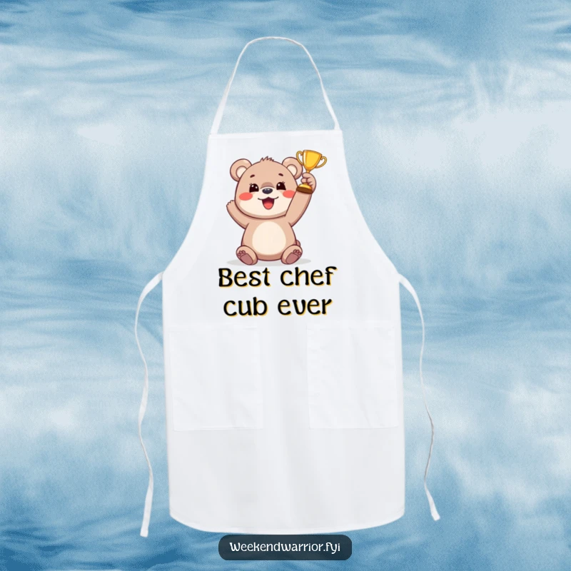 Funny bear cub trophy apron showing a happy cub raising a tiny trophy, ideal for kitchen adventures and celebrating cooking success.