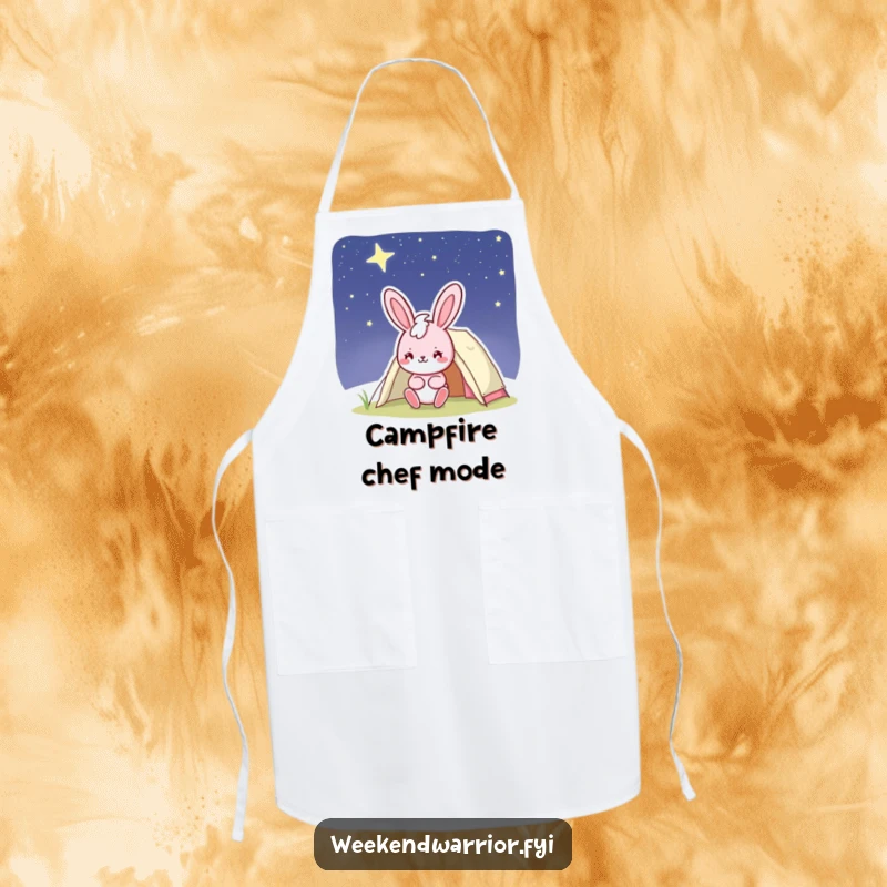 Funny bunny apron with a cheerful pink character smiling while setting up a tent under a starry night sky, for humorous cooking.