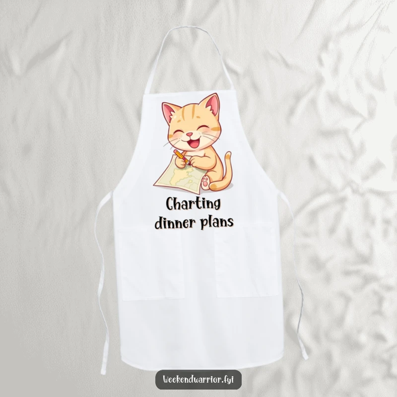 Funny cat apron showing a delighted cat sketching a map with a tiny pencil, perfect for creative cooks and art lovers.