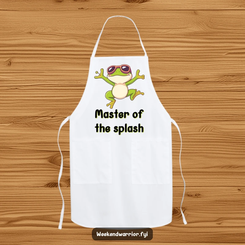 Funny apron featuring a frog wearing goggles, ready to cook after perfecting a joyful jump.