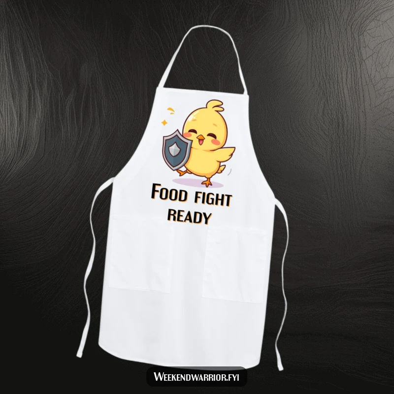Funny chick apron with a giggling yellow character holding a tiny shield and dodging imaginary attacks, for humorous cooking.
