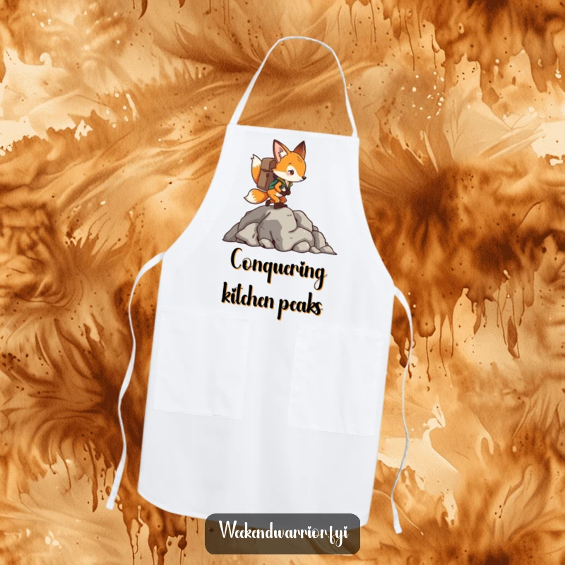 Funny Fox Apron of a determined fox with a backpack, climbing a rocky outcrop, ideal for kitchen adventures.