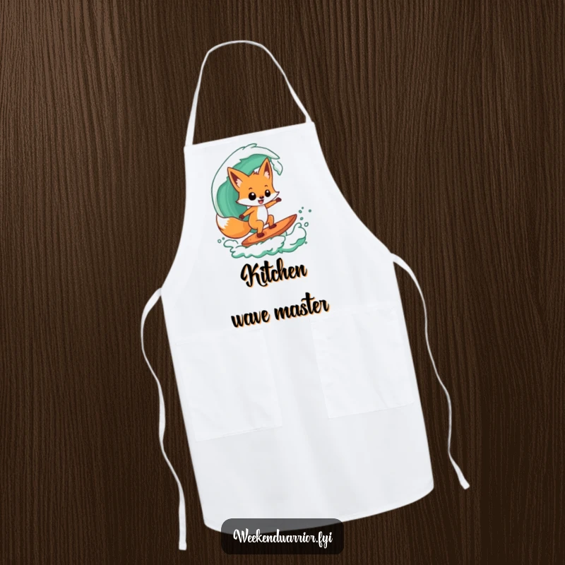 Funny apron showcasing a playful fox character confidently surfing a stylized green wave, great for kitchen adventures.