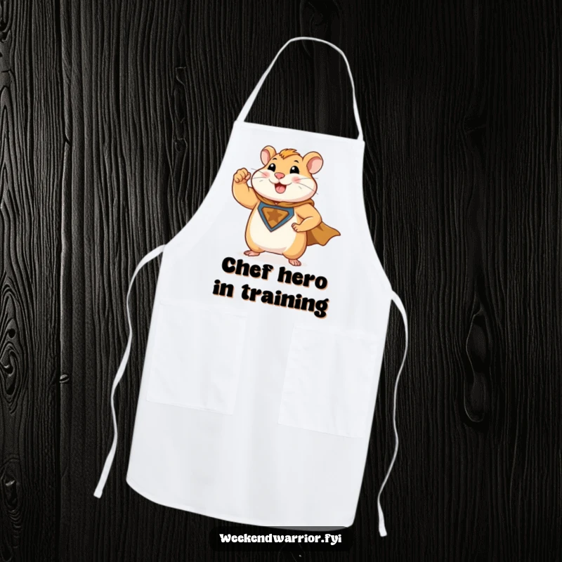 Funny apron showcasing a muscular hamster superhero flexing its bicep while wearing a cape, ready for kitchen adventures.