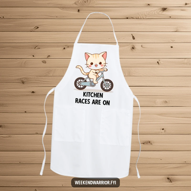 Funny Kawaii cat character riding a bike with great speed on a cooking apron, representing quick kitchen action.
