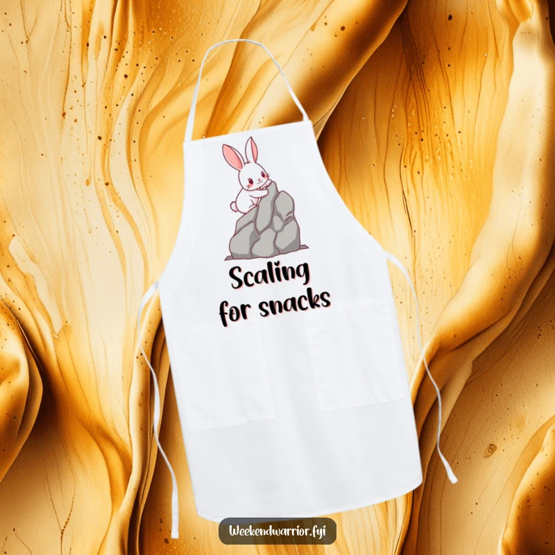 Funny kawaii rabbit with determined paws scaling a miniature rock face, on a durable apron. Great for messy kitchen expeditions.