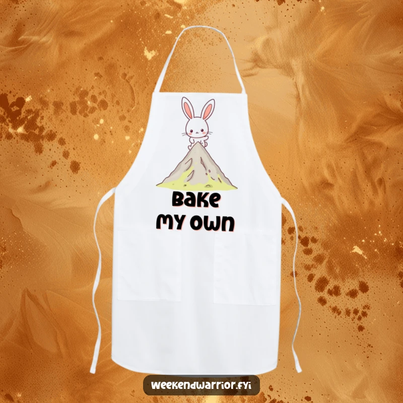 Funny Kawaii rabbit apron showing a happy character hiking up a mountain peak, perfect for adding motivational flair to cooking.