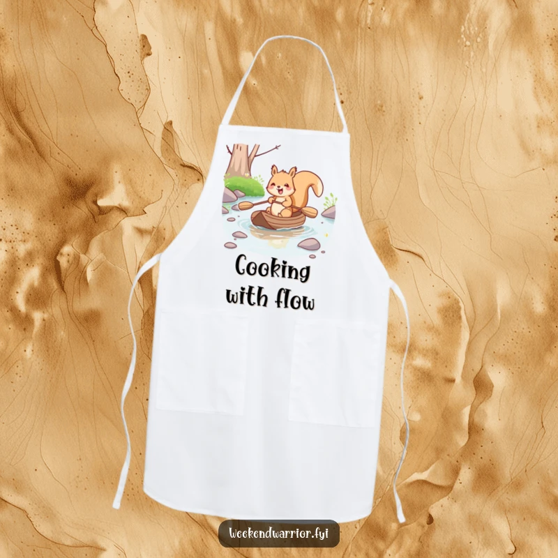 Funny kawaii squirrel joyfully paddling a small raft down a stream, on a durable apron. Great for happy cooking sessions.