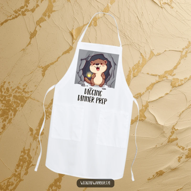 Funny Otter Apron of a happy otter wearing a headlamp and exploring a cave, ideal for kitchen adventures.