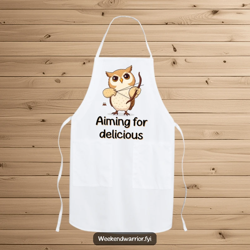 Funny apron featuring a focused owl character practicing archery with a tiny twig bow, ideal for kitchen precision.