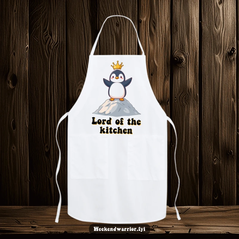 Funny apron featuring a proud penguin standing atop a hill, ready to oversee any kitchen command with authority.