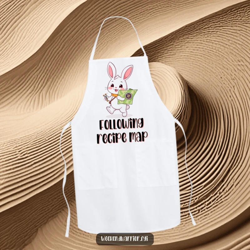 Funny rabbit apron with a helpful white character enthusiastically holding a map and compass, for humorous cooking adventures.