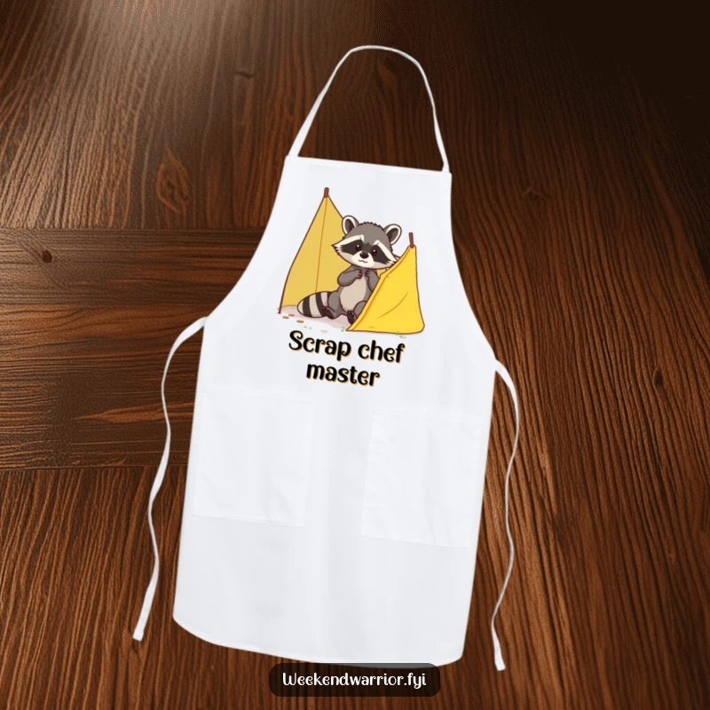 Funny Raccoon Apron with a brave raccoon patching a small tent tear, ideal for kitchen protection and humor.