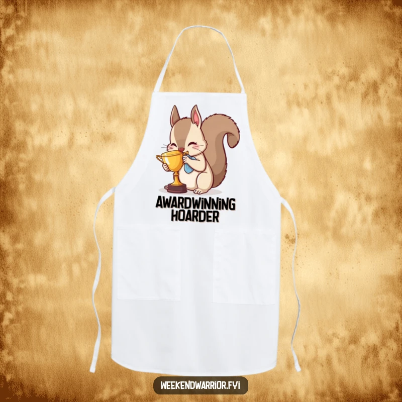 Funny squirrel apron depicting a determined chef animal proudly polishing a small, gleaming trophy, ready for culinary battles.