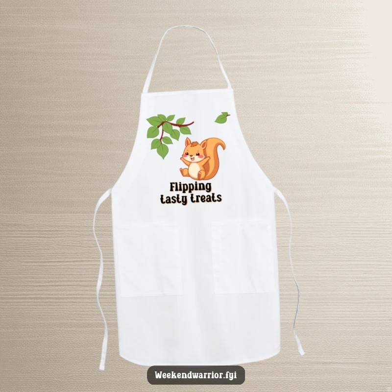 Funny Squirrel Apron with a squirrel swinging from a vine with a grin, ideal for kitchen fun.
