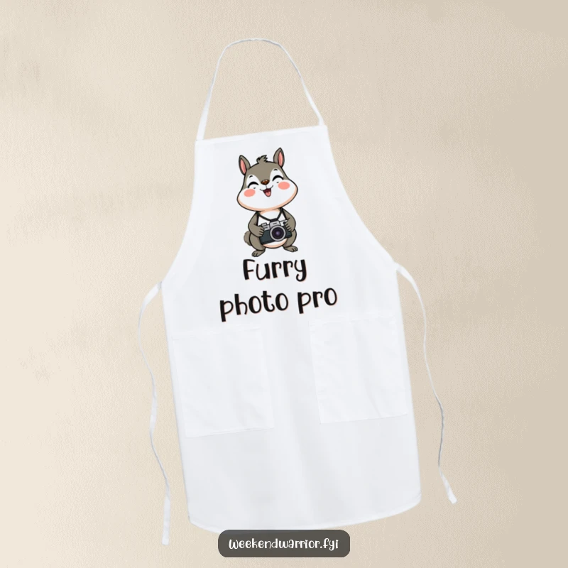 Funny, energetic squirrel with a camera around its neck on an apron for culinary photography.