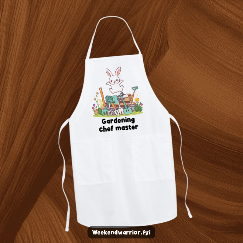 Funny apron showcasing a determined rabbit character leaping over gardening tools, perfect for garden or kitchen tasks.