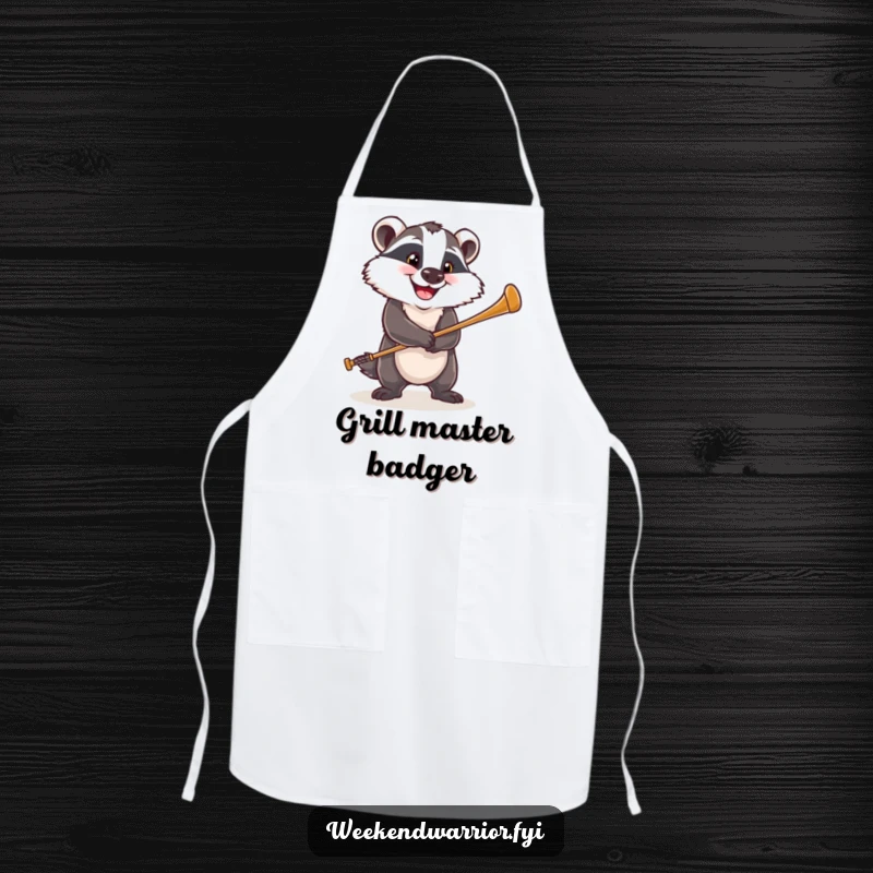 Funny apron depicting a happy badger with a determined grin, swinging a golf club, ready for culinary challenges.