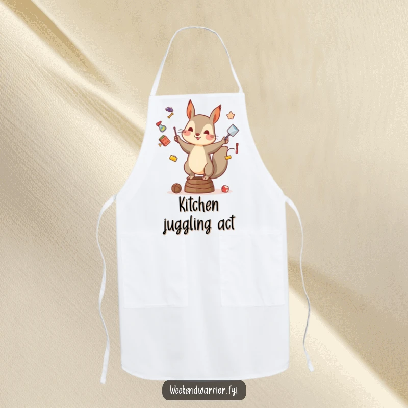 Funny apron showcasing a squirrel juggling cooking utensils and ingredients, ready for a meal prep adventure.