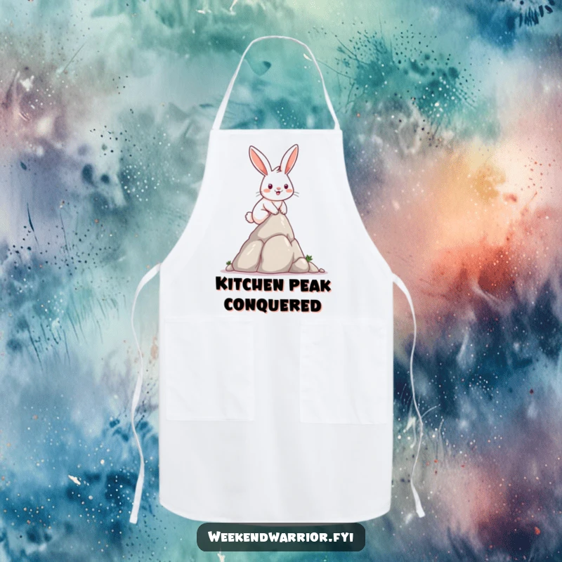 Funny determined rabbit climbing a rock formation while wearing a chef hat and apron humorously.