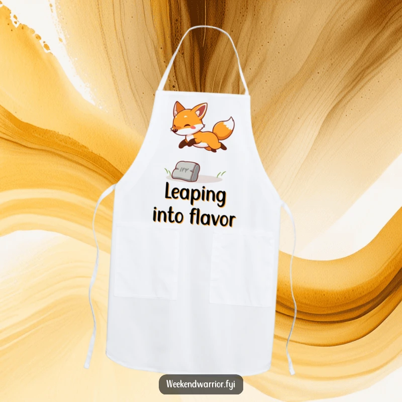 Funny apron adorned with a cheerful fox leaping over an obstacle, symbolizing playful energy and kitchen fun.