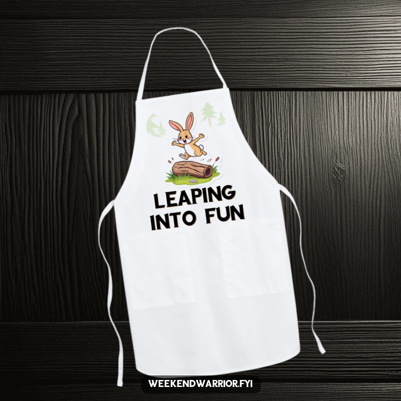 Funny apron featuring an energetic rabbit leaping over a log on a trail, bringing a sense of playful motion to the kitchen.